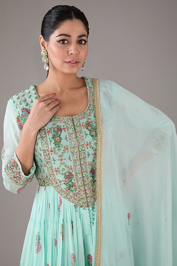 Blue Modal Satin & Chiffon Handblock Printed & Zardosi Embroidered Wedding Anarkali Set by Shyam Narayan Prasad at Pernia's Pop Up Shop