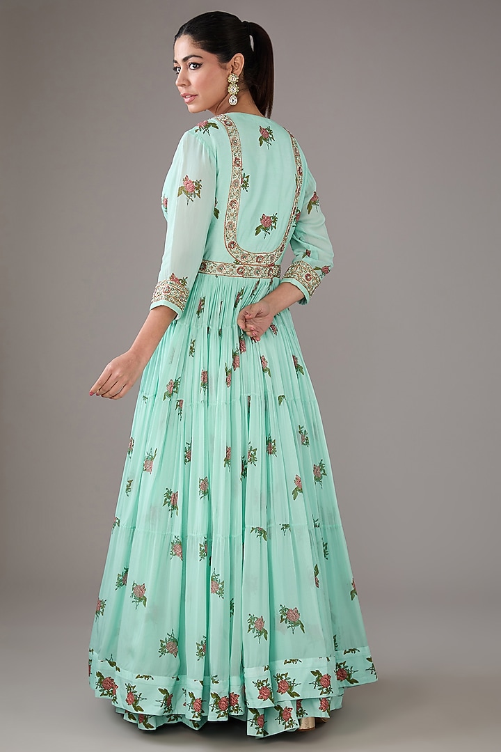 Blue Modal Satin & Chiffon Handblock Printed & Zardosi Embroidered Tiered Angrakha Wedding Anarkali Set by Shyam Narayan Prasad at Pernia's Pop Up Shop