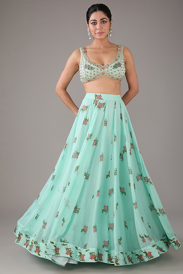 Blue Modal Satin & Chiffon Handblock Printed & Zardosi Embroidered Tiered Angrakha Wedding Anarkali Set by Shyam Narayan Prasad at Pernia's Pop Up Shop
