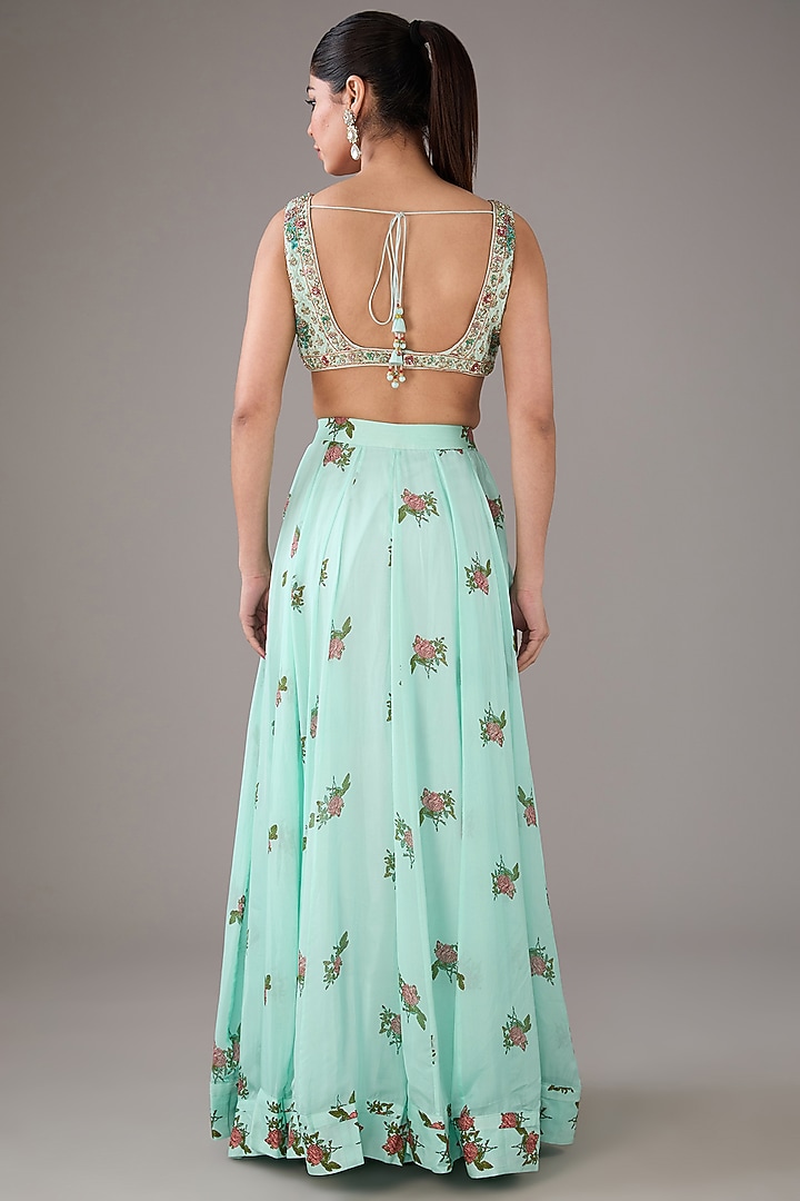 Blue Modal Satin & Chiffon Handblock Printed & Zardosi Embroidered Tiered Angrakha Wedding Anarkali Set by Shyam Narayan Prasad at Pernia's Pop Up Shop