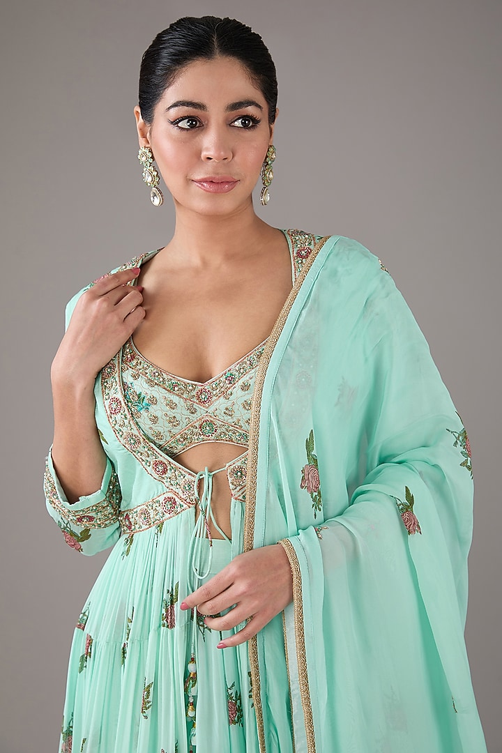 Blue Modal Satin & Chiffon Handblock Printed & Zardosi Embroidered Tiered Angrakha Wedding Anarkali Set by Shyam Narayan Prasad at Pernia's Pop Up Shop