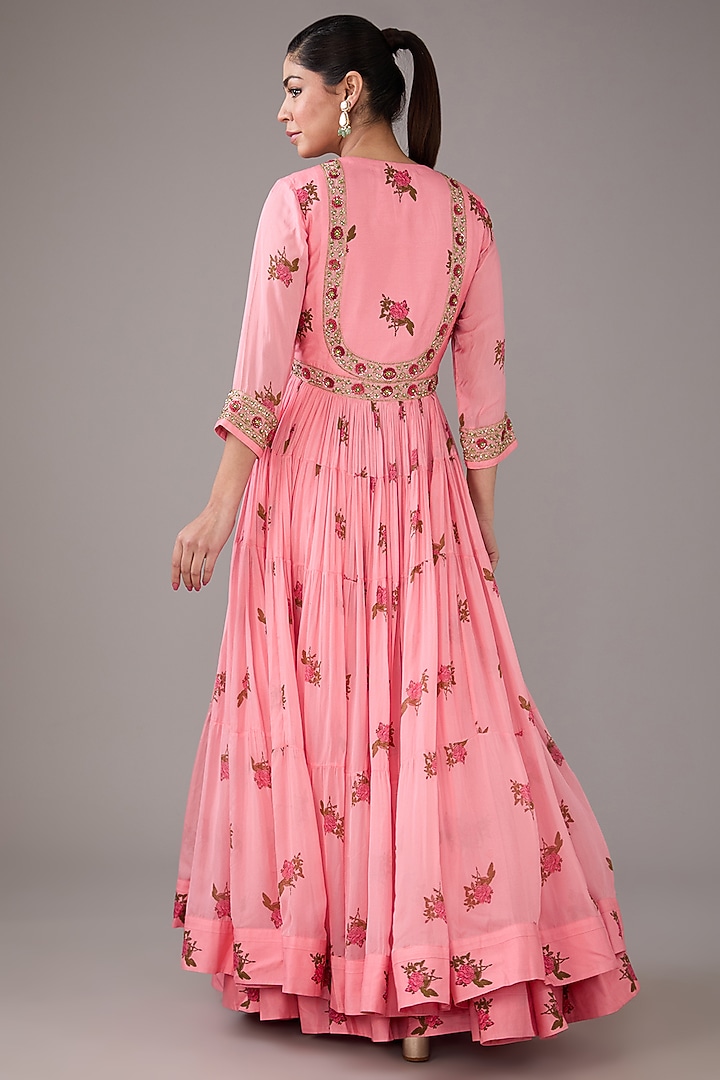 Candy Pink Modal Satin & Chiffon Handblock Printed & Zardosi Embroidered Tiered Angrakha Wedding Anarkali Set by Shyam Narayan Prasad at Pernia's Pop Up Shop