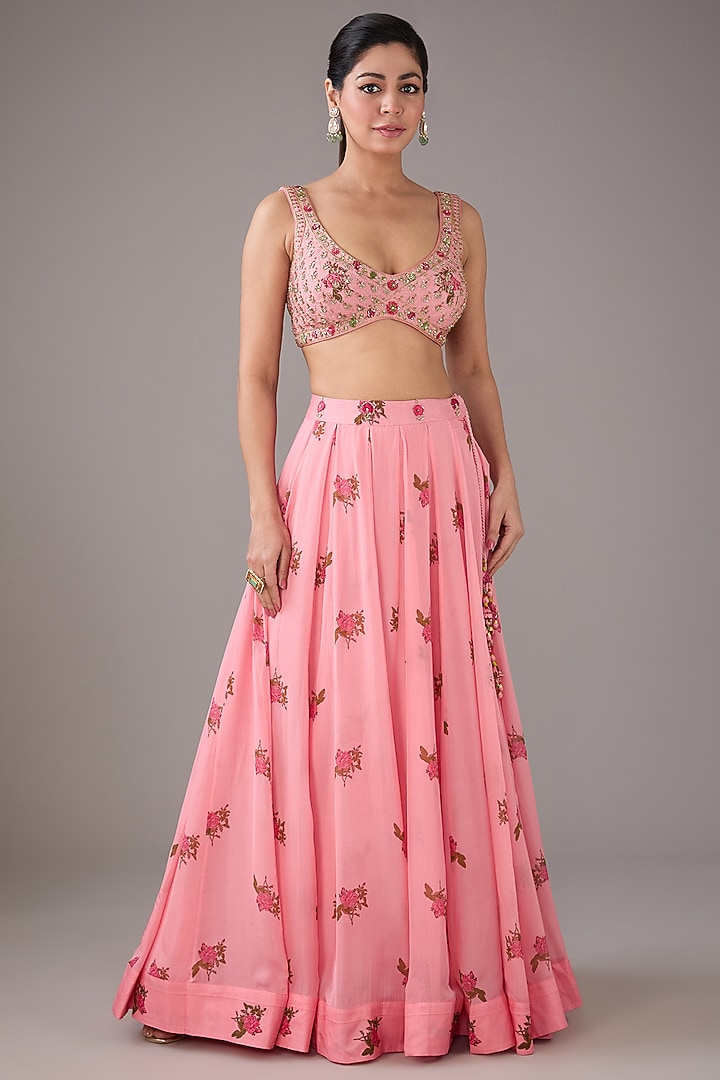 Candy Pink Modal Satin & Chiffon Handblock Printed & Zardosi Embroidered Tiered Angrakha Wedding Anarkali Set by Shyam Narayan Prasad at Pernia's Pop Up Shop