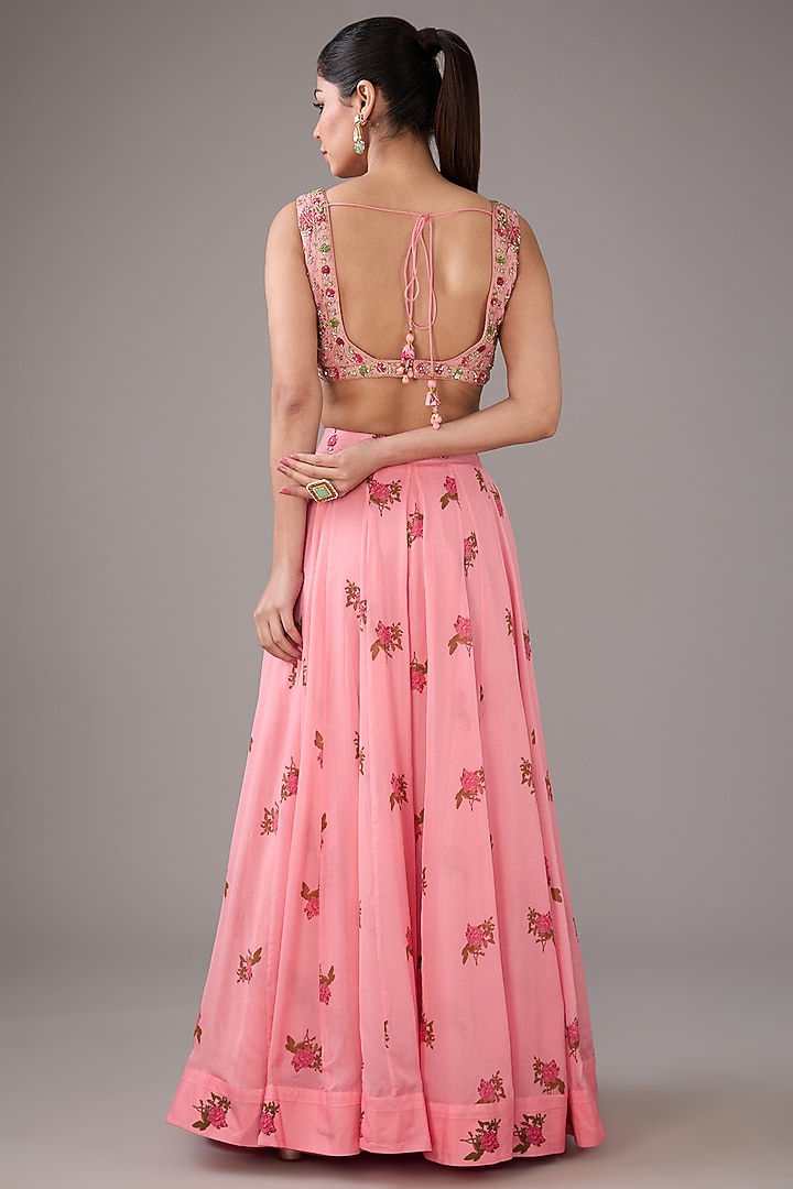Candy Pink Modal Satin & Chiffon Handblock Printed & Zardosi Embroidered Tiered Angrakha Wedding Anarkali Set by Shyam Narayan Prasad at Pernia's Pop Up Shop