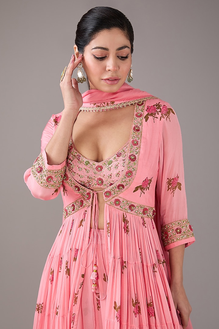 Candy Pink Modal Satin & Chiffon Handblock Printed & Zardosi Embroidered Tiered Angrakha Wedding Anarkali Set by Shyam Narayan Prasad at Pernia's Pop Up Shop