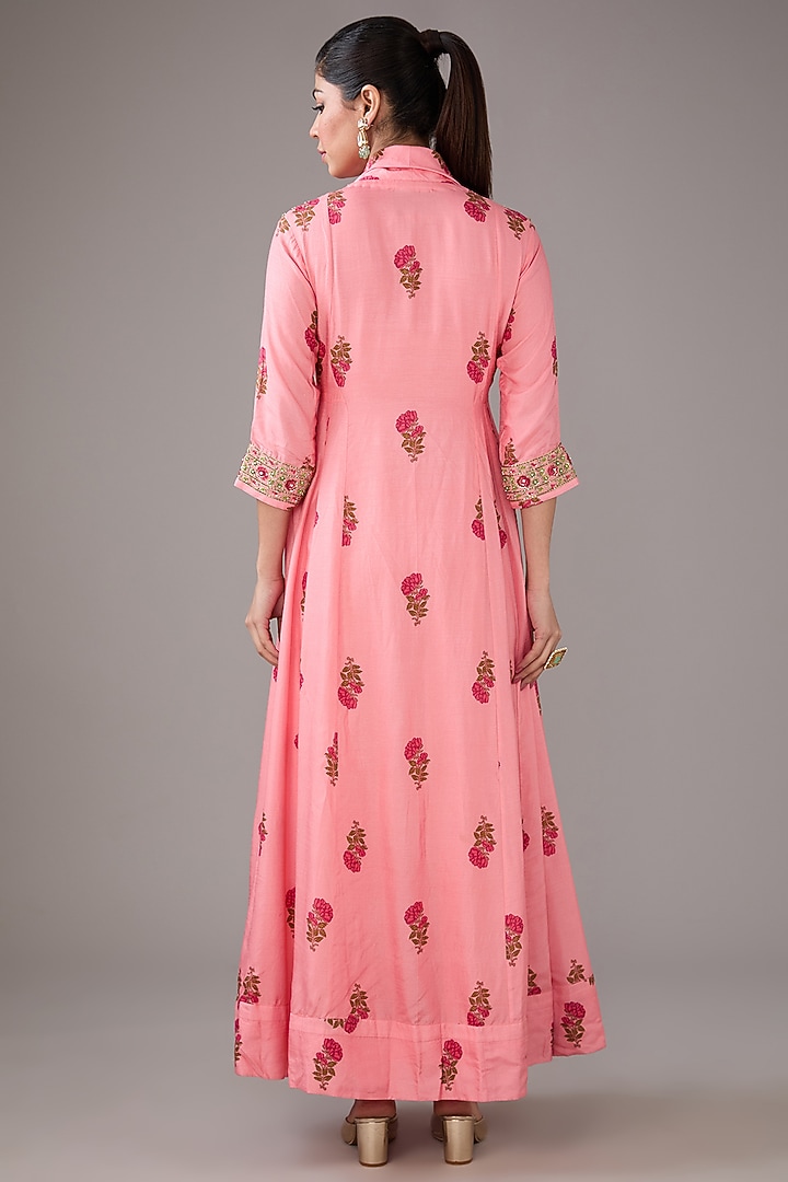 Candy Pink Chanderi Handblock Printed & Zardosi Embroidered Angrakha Kurta Set by Shyam Narayan Prasad at Pernia's Pop Up Shop