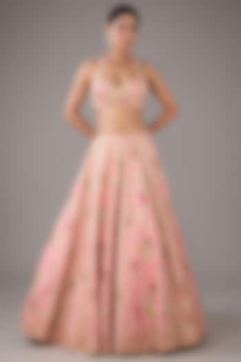 Candy Pink Raw Silk Hand-Block Printed & Zari Embroidered Wedding Lehenga Set by Shyam Narayan Prasad at Pernia's Pop Up Shop