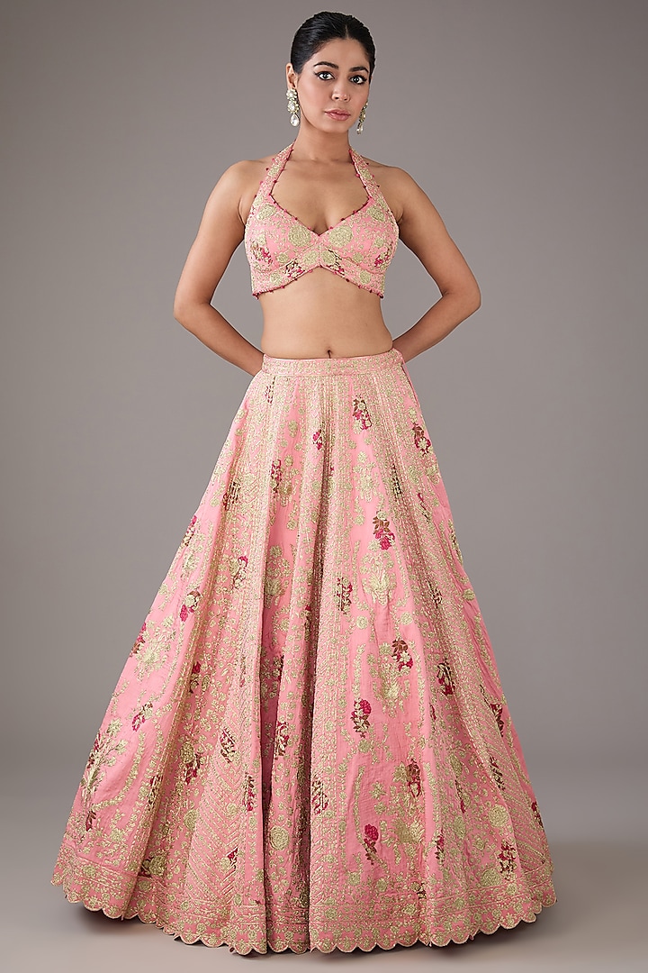 Candy Pink Raw Silk Hand-Block Printed & Zari Embroidered Wedding Lehenga Set by Shyam Narayan Prasad at Pernia's Pop Up Shop