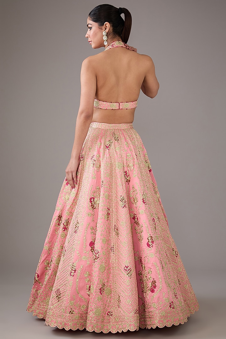 Candy Pink Raw Silk Hand-Block Printed & Zari Embroidered Wedding Lehenga Set by Shyam Narayan Prasad at Pernia's Pop Up Shop