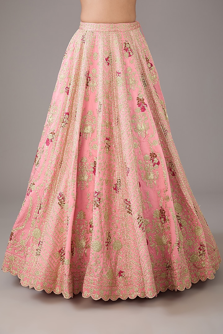 Candy Pink Raw Silk Hand-Block Printed & Zari Embroidered Wedding Lehenga Set by Shyam Narayan Prasad at Pernia's Pop Up Shop
