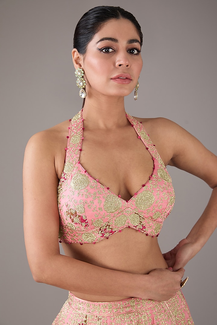 Candy Pink Raw Silk Hand-Block Printed & Zari Embroidered Wedding Lehenga Set by Shyam Narayan Prasad at Pernia's Pop Up Shop