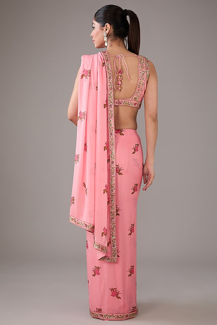 Candy Pink Raw Silk Hand-Block Printed & Zardosi Embroidered Wedding Saree Set by Shyam Narayan Prasad at Pernia's Pop Up Shop