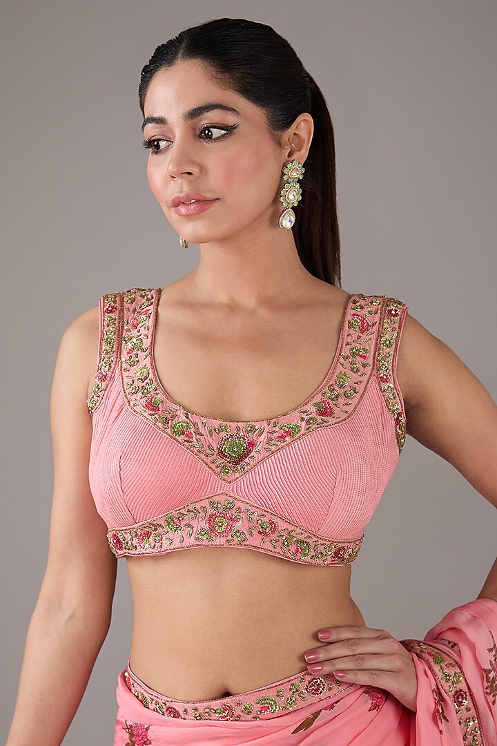 Candy Pink Raw Silk Hand-Block Printed & Zardosi Embroidered Wedding Saree Set by Shyam Narayan Prasad at Pernia's Pop Up Shop