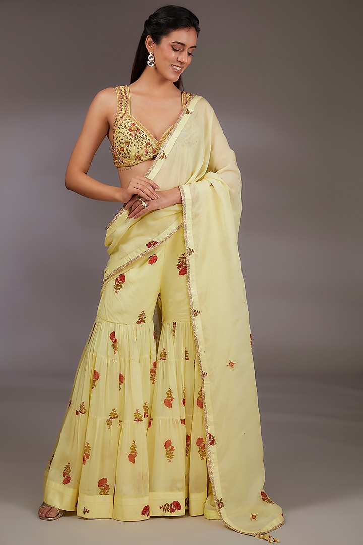 Lime Chiffon & Modal Satin Handblock Printed Layered Sharara Saree Set by Shyam Narayan Prasad at Pernia's Pop Up Shop