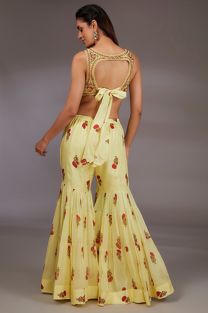 Lime Chiffon & Modal Satin Handblock Printed Layered Sharara Wedding Saree Set by Shyam Narayan Prasad at Pernia's Pop Up Shop