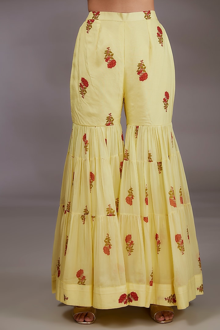 Lime Chiffon & Modal Satin Handblock Printed Layered Sharara Wedding Saree Set by Shyam Narayan Prasad at Pernia's Pop Up Shop