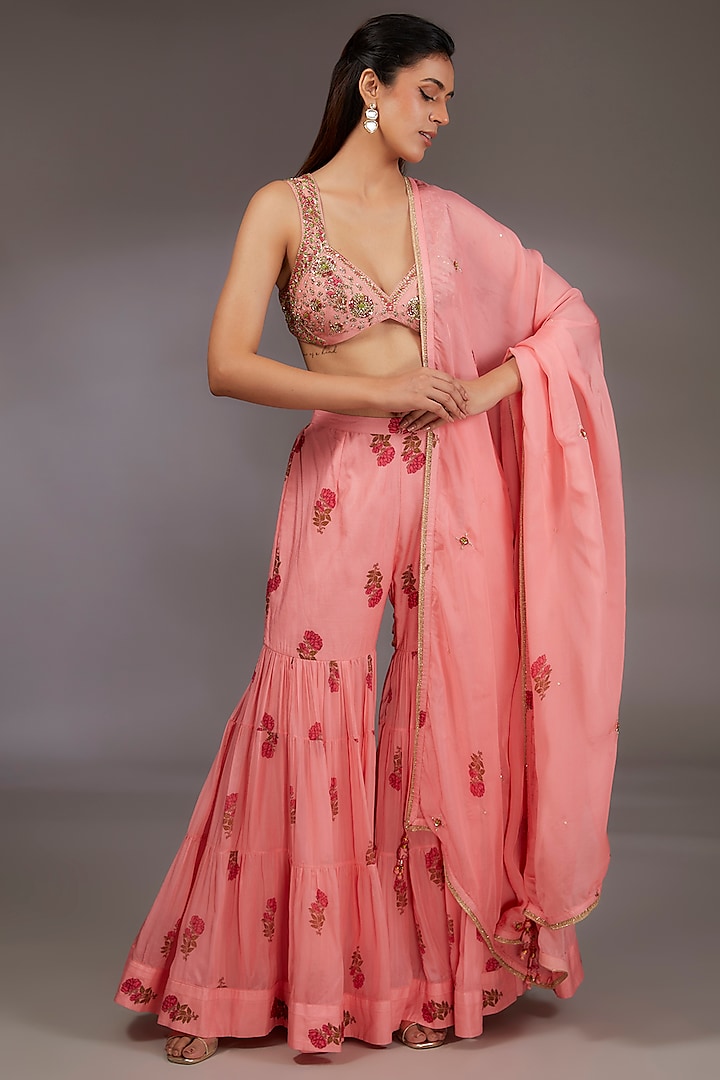 Pink Chiffon & Modal Satin Handblock Printed Layered Sharara Saree Set by Shyam Narayan Prasad