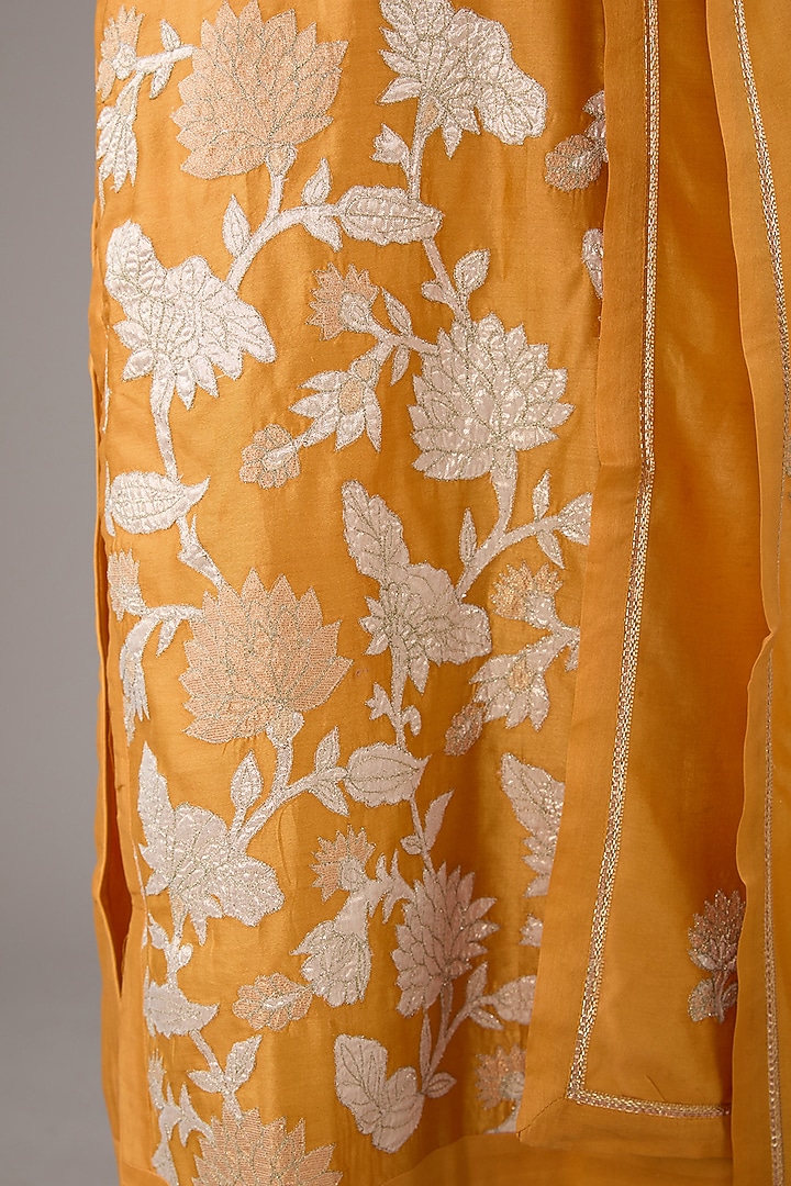 Mustard Yellow Silk Chanderi Applique Embroidered Kurta Set by Shyam Narayan Prasad at Pernia's Pop Up Shop