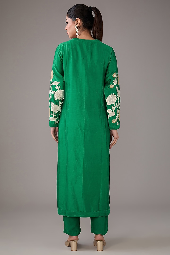 Green Silk Chanderi Applique Embroidered Kurta Set by Shyam Narayan Prasad at Pernia's Pop Up Shop