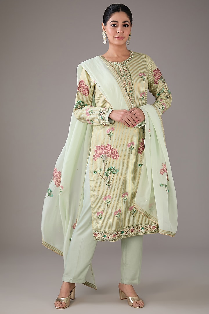 Mint Silk Chanderi Hand-Block Printed & Zardosi Embroidered Kurta Set by Shyam Narayan Prasad at Pernia's Pop Up Shop