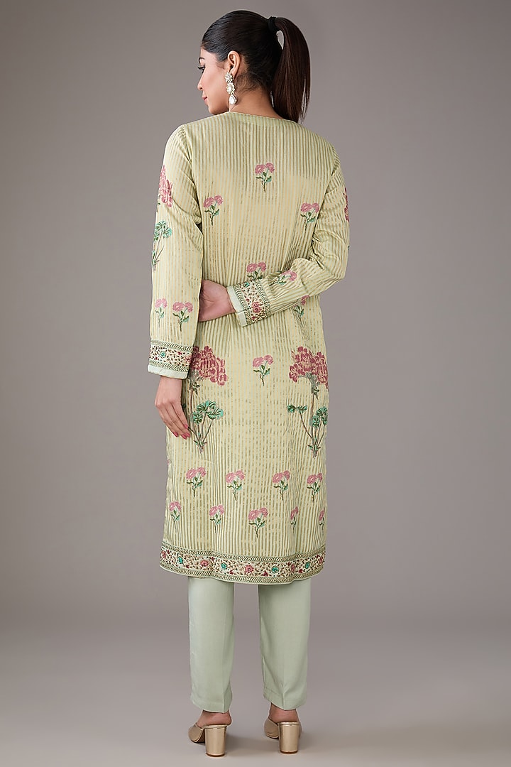 Mint Silk Chanderi Hand-Block Printed & Zardosi Embroidered Kurta Set by Shyam Narayan Prasad at Pernia's Pop Up Shop