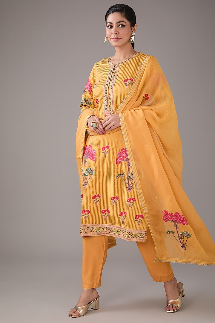 Mango Yellow Silk Chanderi Hand-Block Printed & Zardosi Embroidered Kurta Set by Shyam Narayan Prasad