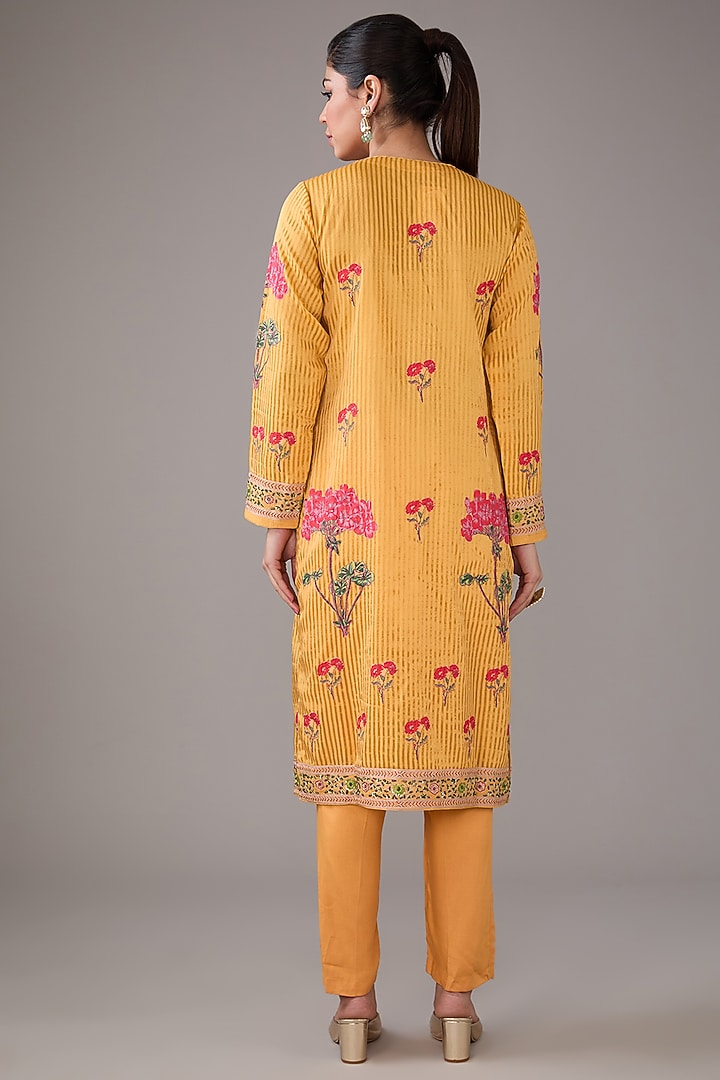 Mango Yellow Silk Chanderi Hand-Block Printed & Zardosi Embroidered Kurta Set by Shyam Narayan Prasad at Pernia's Pop Up Shop