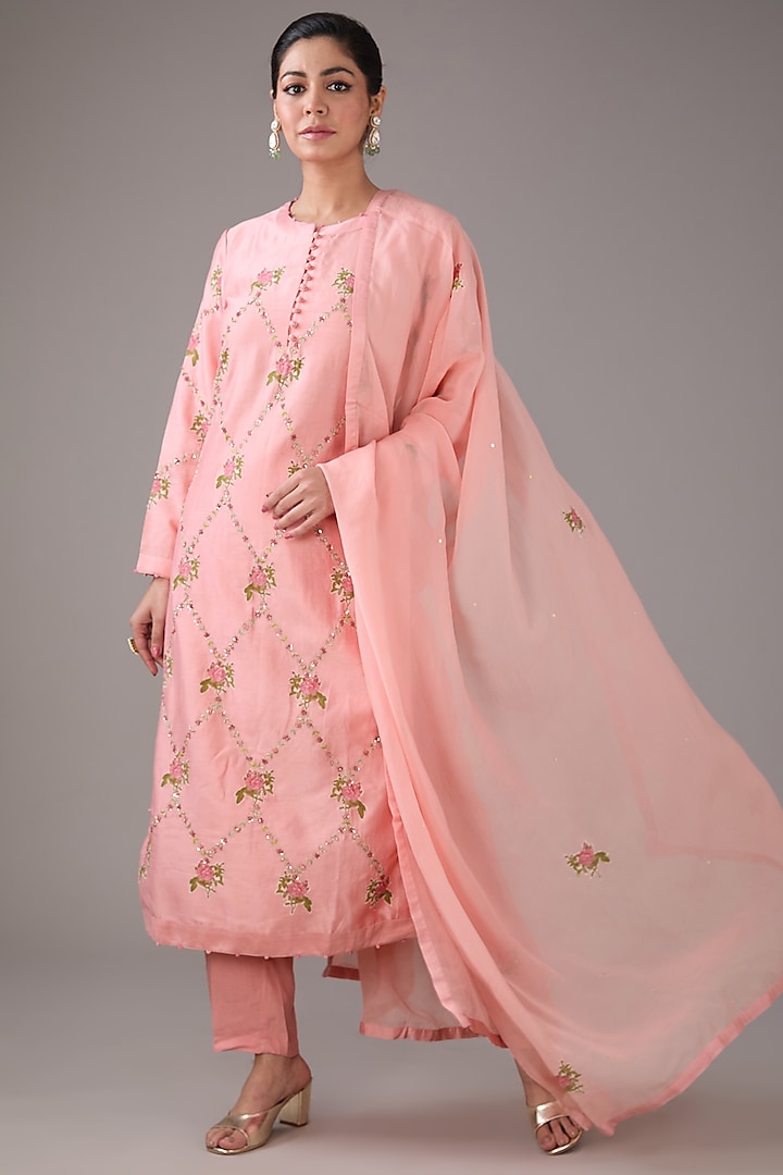 Candy Pink Silk Chanderi Hand-Block Printed & Zardosi Embroidered Kurta Set by Shyam Narayan Prasad