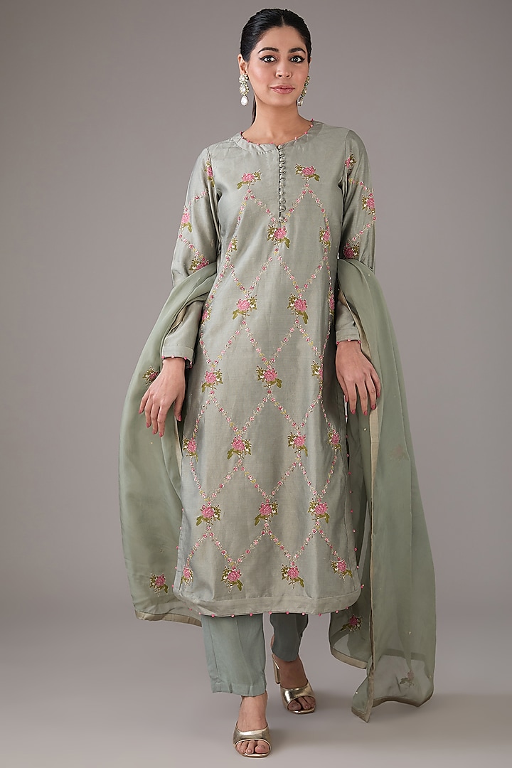 Basil Green Silk Chanderi Hand-Block Printed & Zardosi Embroidered Kurta Set by Shyam Narayan Prasad