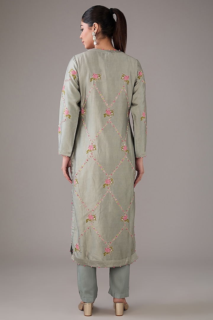 Basil Green Silk Chanderi Hand-Block Printed & Zardosi Embroidered Kurta Set by Shyam Narayan Prasad at Pernia's Pop Up Shop