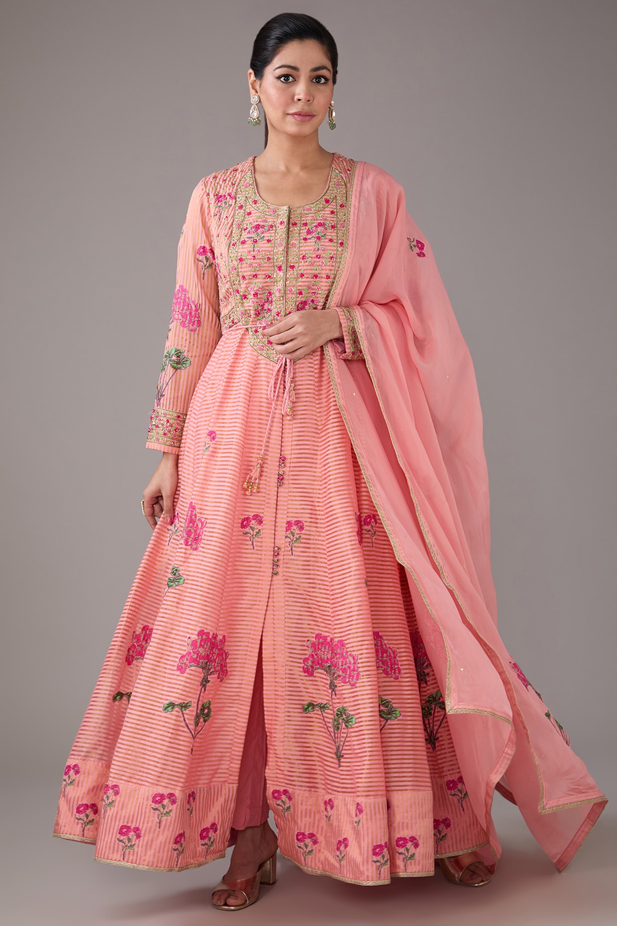Dark blue Anarkali with pink pattu border and green dupatta | Indian gowns  dresses, Long gown design, Kids designer dresses