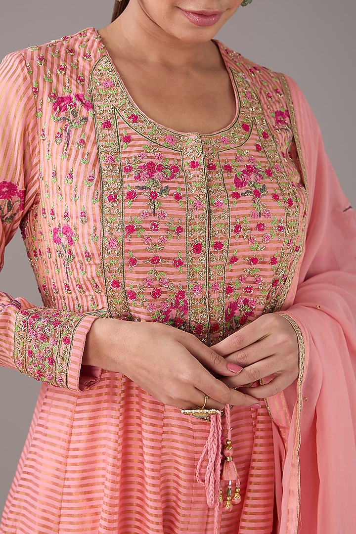 Candy Pink Silk Chanderi Hand-Block Printed & Zardosi Embroidered Wedding Anarkali Set by Shyam Narayan Prasad at Pernia's Pop Up Shop