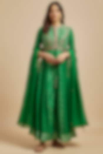 Emerald Green Silk Brocade Zardosi Embroidered Anarkali Set by Shyam Narayan Prasad