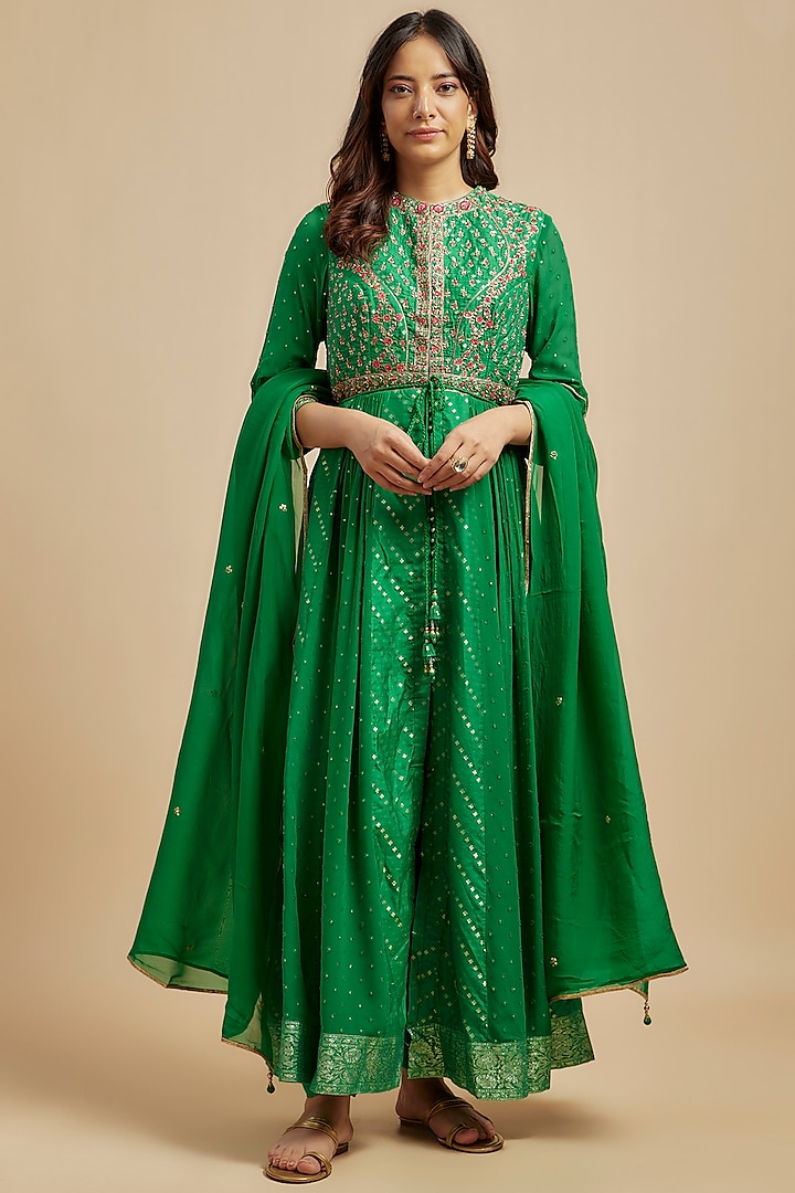 Emerald Green Silk Brocade Zardosi Embroidered Anarkali Set by Shyam Narayan Prasad