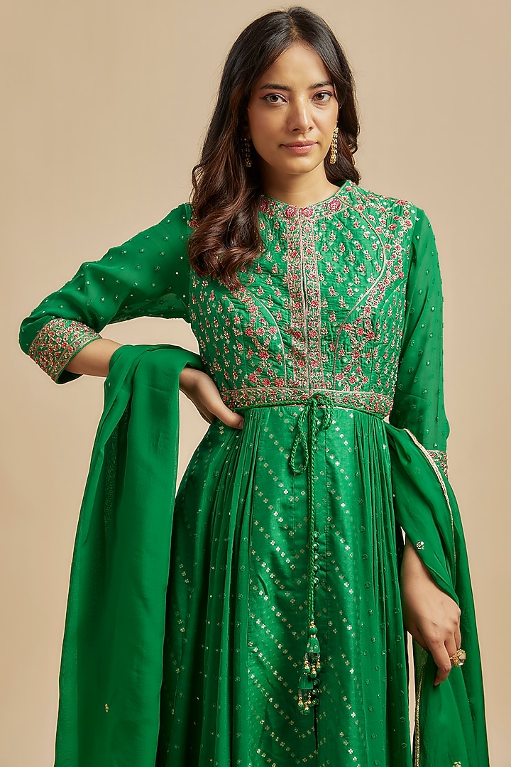 Emerald Green Silk Brocade Zardosi Embroidered Wedding Anarkali Set by Shyam Narayan Prasad at Pernia's Pop Up Shop