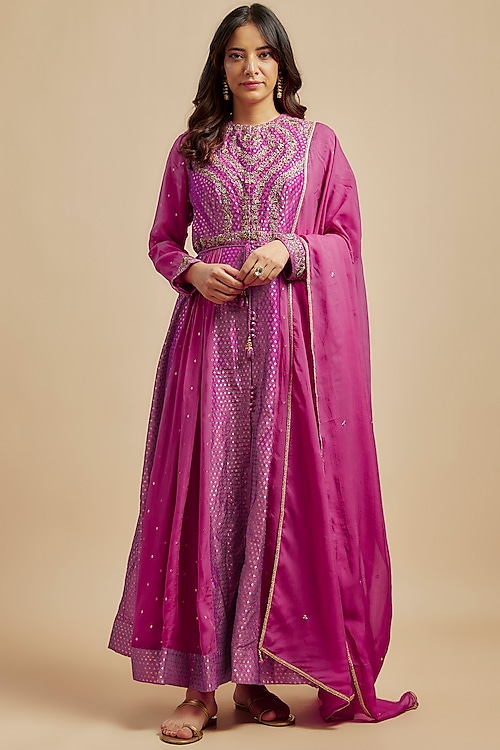 Fuchsia Pink Silk Brocade Zardosi Embroidered Anarkali Set by Shyam Narayan Prasad