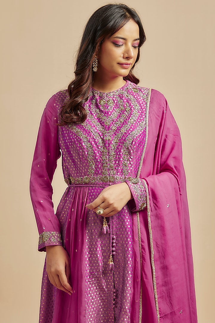 Fuchsia Pink Silk Brocade Zardosi Embroidered Wedding Anarkali Set by Shyam Narayan Prasad at Pernia's Pop Up Shop