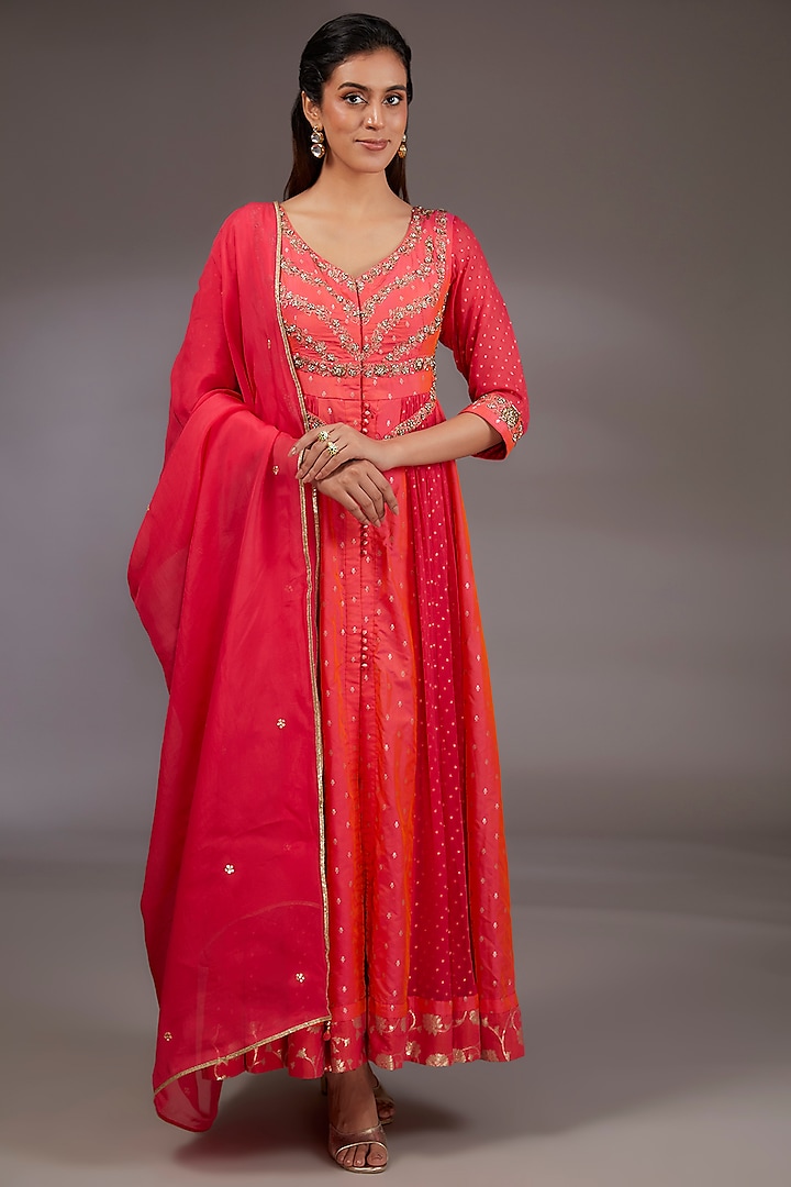 Pink Silk Brocade Zardosi Embroidered Anarkali Set by Shyam Narayan Prasad at Pernia's Pop Up Shop