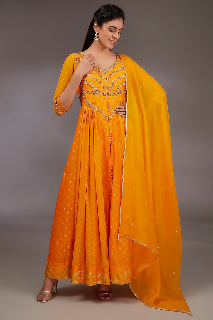 Mustard Yellow Silk Brocade Zardosi Embroidered Anarkali Set by Shyam Narayan Prasad