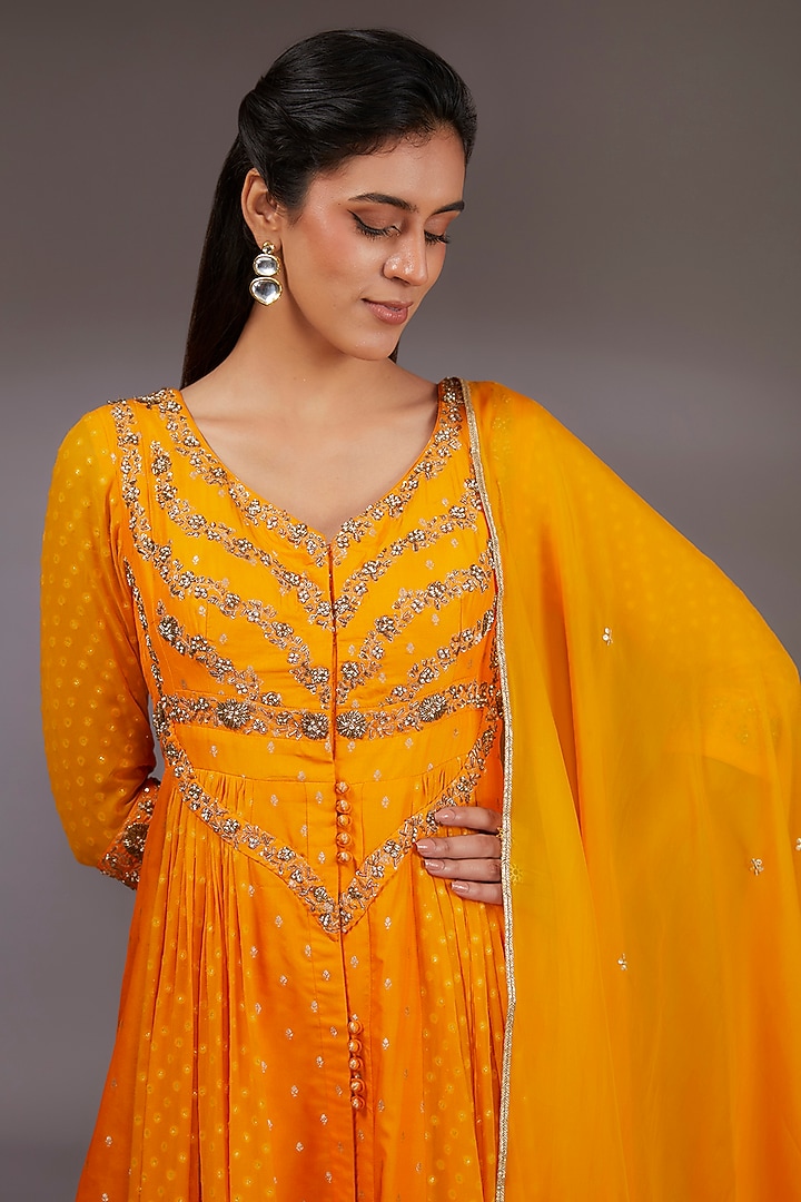 Mustard Yellow Silk Brocade Zardosi Embroidered Wedding Anarkali Set by Shyam Narayan Prasad at Pernia's Pop Up Shop