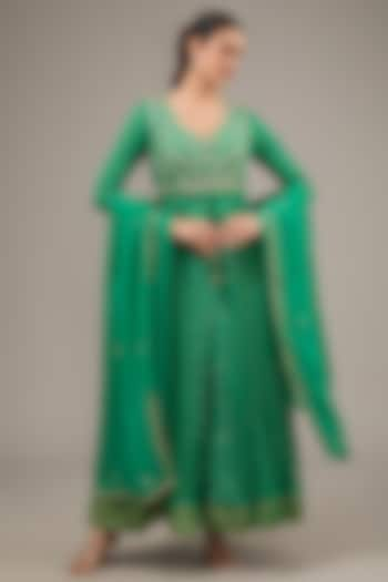 Emerald Green Silk Brocade & Georgette Zardosi Embroidered Anarkali Set by Shyam Narayan Prasad at Pernia's Pop Up Shop