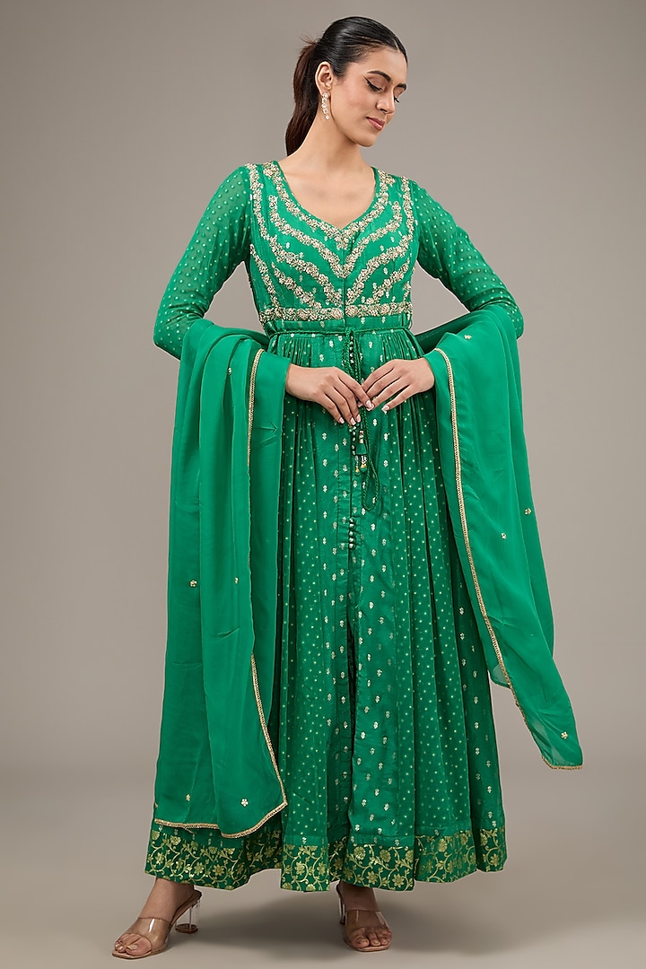 Emerald Green Silk Brocade & Georgette Zardosi Embroidered Anarkali Set by Shyam Narayan Prasad