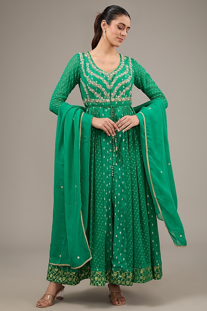 Emerald Green Silk Brocade & Georgette Zardosi Embroidered Anarkali Set by Shyam Narayan Prasad at Pernia's Pop Up Shop