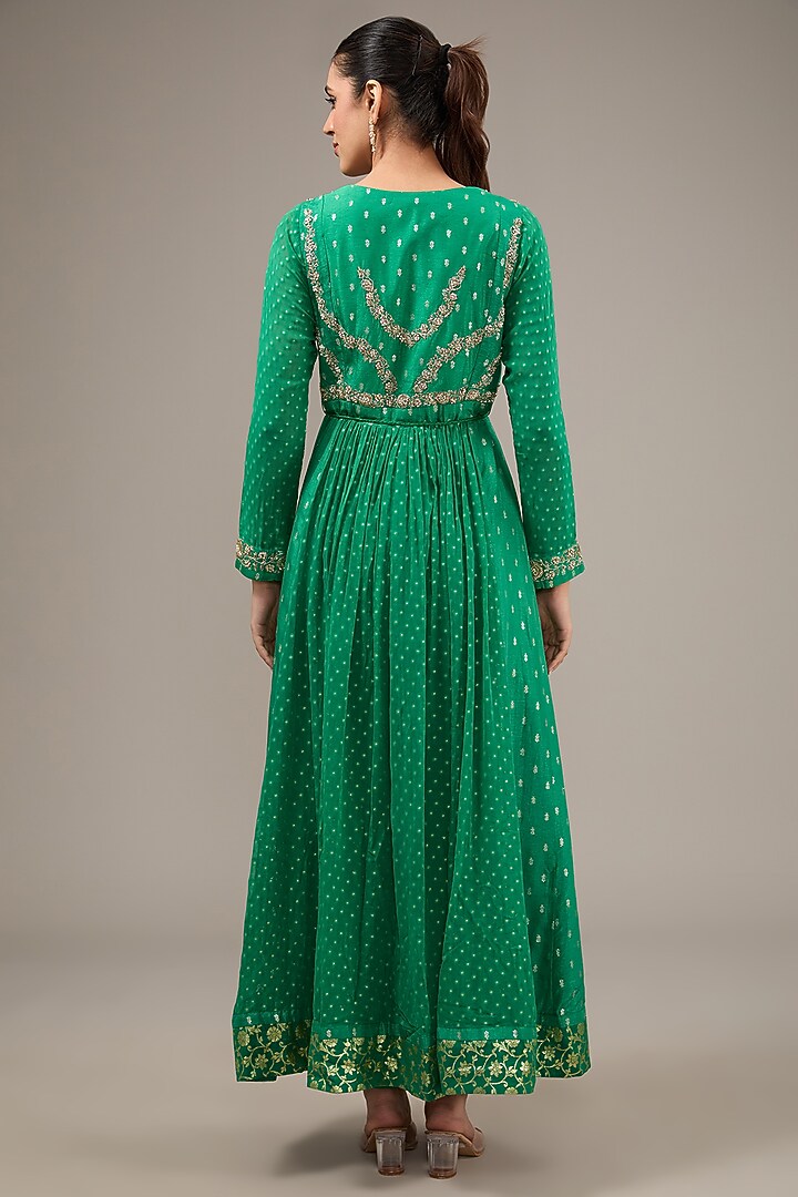 Emerald Green Silk Brocade & Georgette Zardosi Embroidered Wedding Anarkali Set by Shyam Narayan Prasad at Pernia's Pop Up Shop