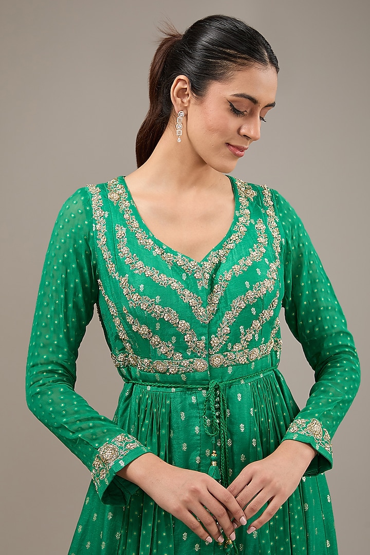 Emerald Green Silk Brocade & Georgette Zardosi Embroidered Wedding Anarkali Set by Shyam Narayan Prasad at Pernia's Pop Up Shop