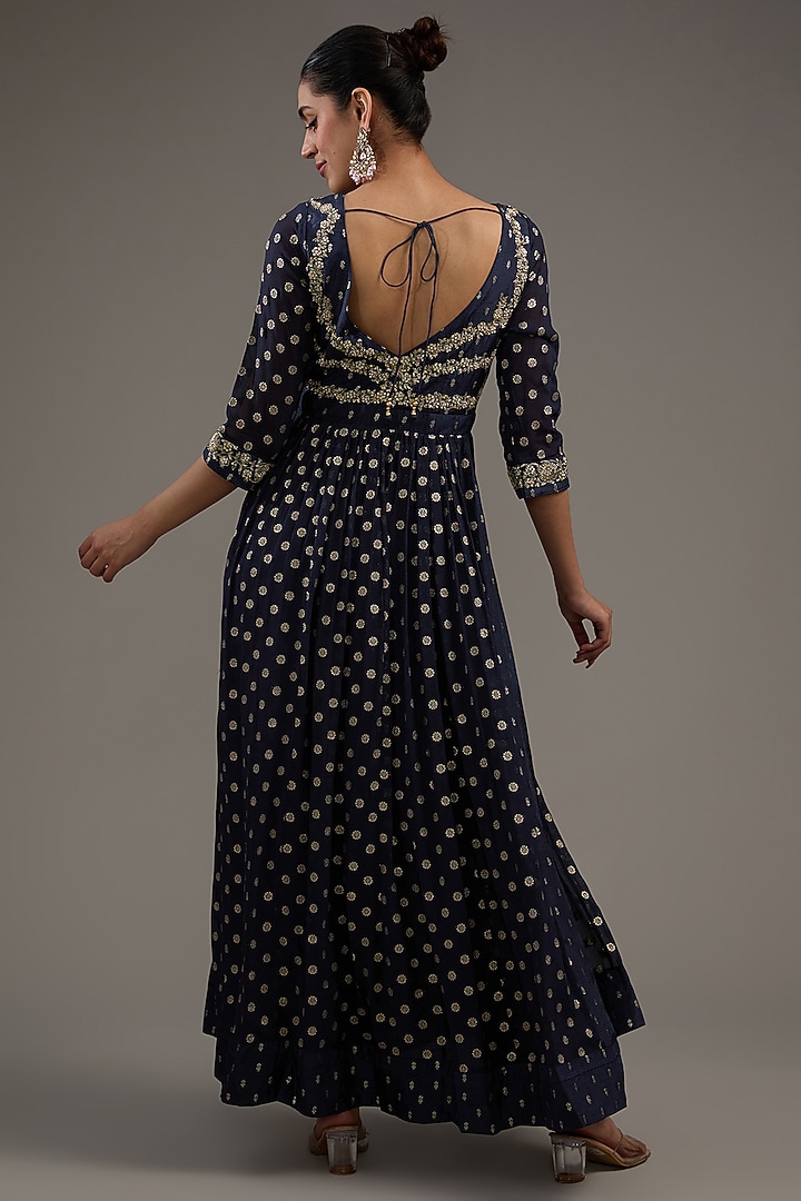 Navy Blue Silk Brocade Zardosi Embroidered Wedding Anarkali Set by Shyam Narayan Prasad at Pernia's Pop Up Shop