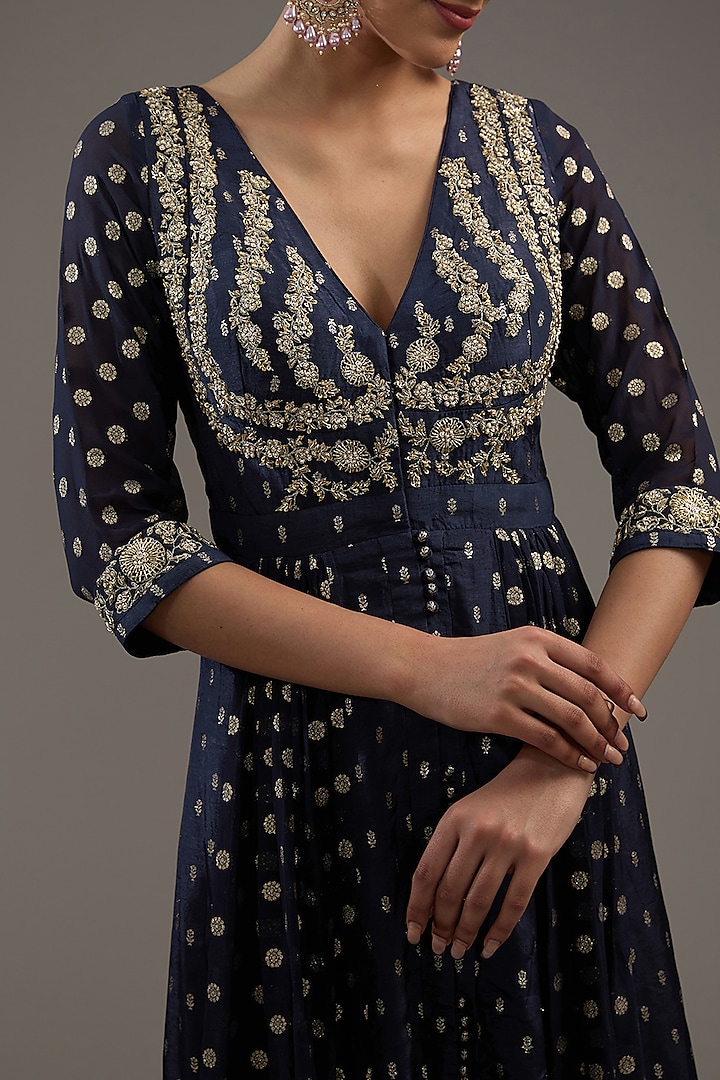 Navy Blue Silk Brocade Zardosi Embroidered Wedding Anarkali Set by Shyam Narayan Prasad at Pernia's Pop Up Shop