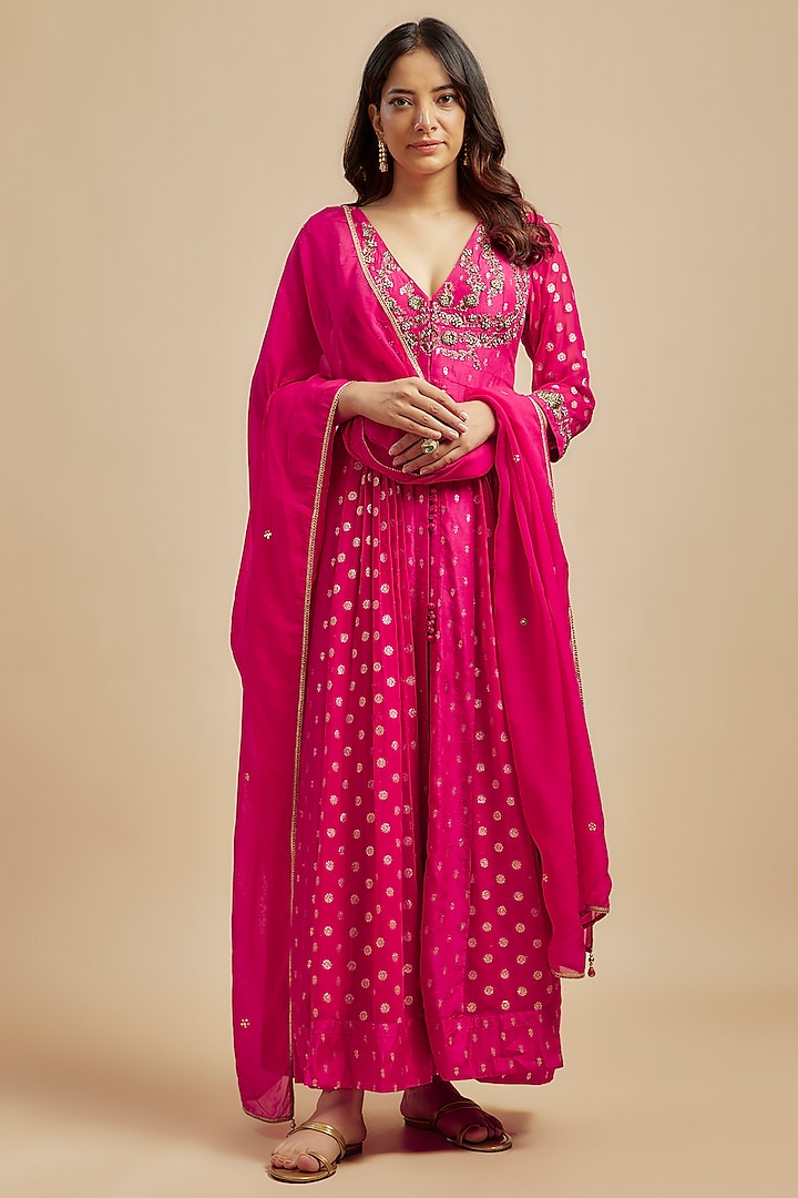 Fuchsia Silk Brocade Zardosi Embroidered Anarkali Set by Shyam Narayan Prasad at Pernia's Pop Up Shop