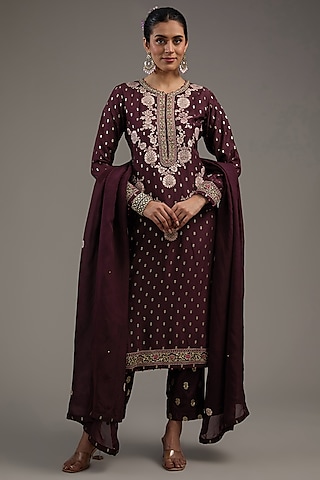 Wine Silk Brocade Zardosi Embroidered Kurta Set by Shyam Narayan Prasad