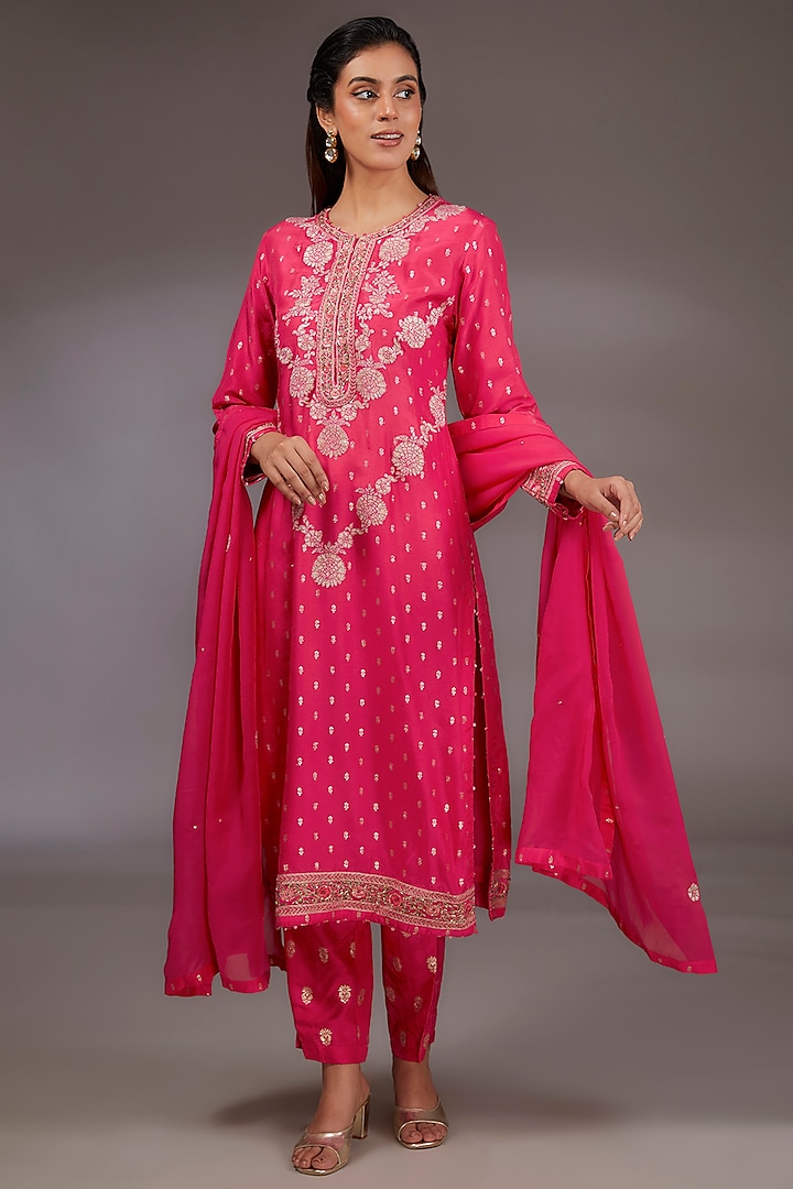 Pink Silk Brocade Zardosi Embroidered Kurta Set by Shyam Narayan Prasad at Pernia's Pop Up Shop